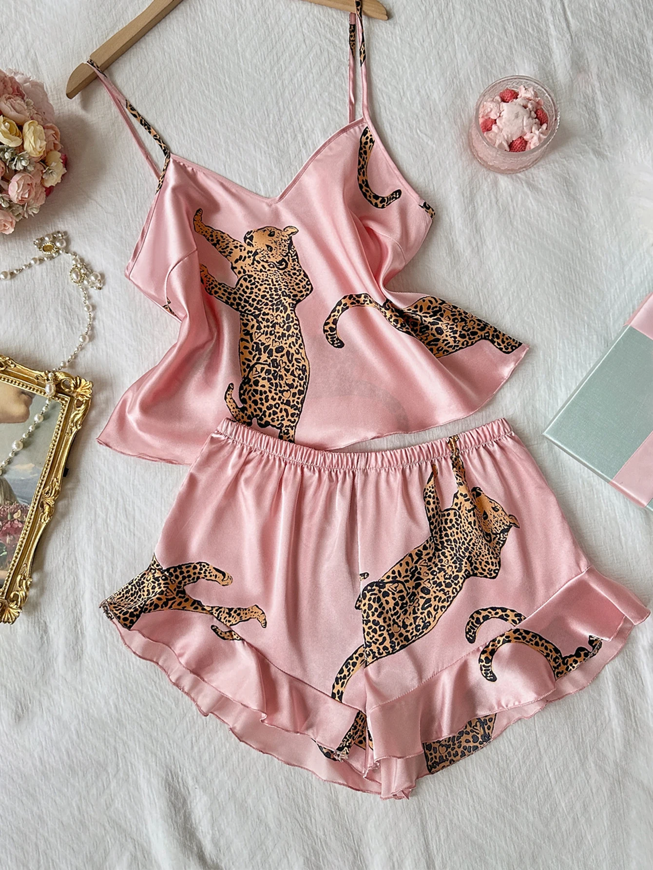 Women's Two Piece Pajama Set Leopard Print Ruffle Cami Top with Shorts Sleepwear Loungewear