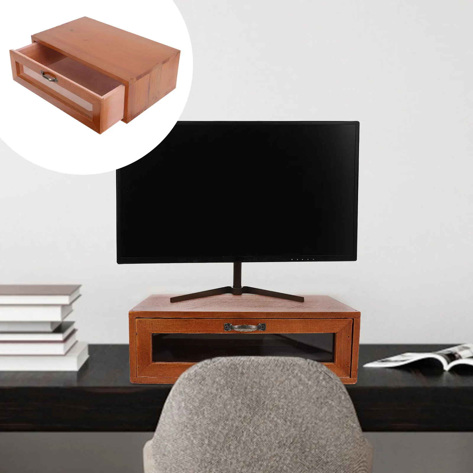 

Increased Storage Box Retro Monitor Riser Shelf Drawer Dresser Desk Case with Drawers Wood Laptop Stand