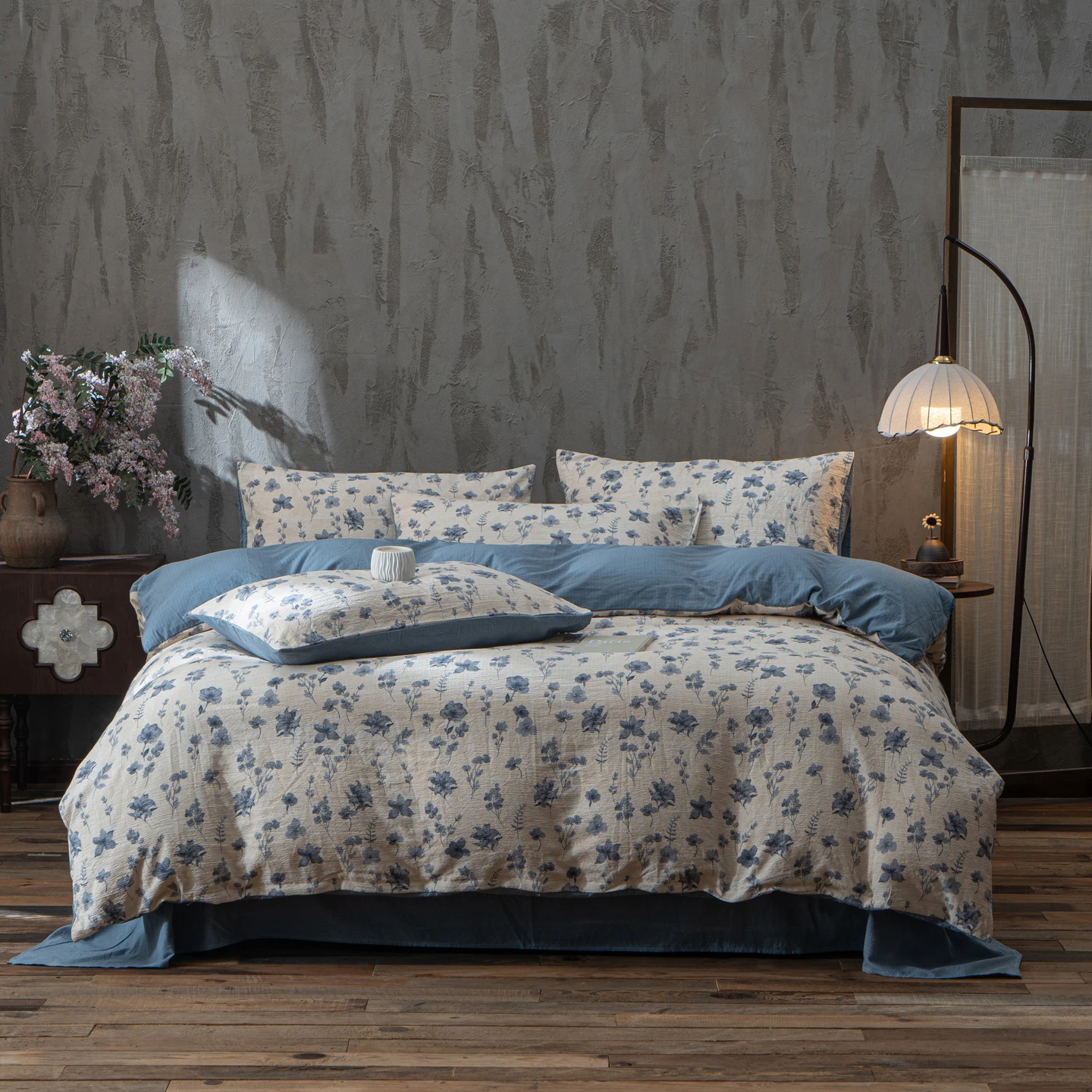 Korean Style Bedding Set Ins Retro Fresh Floral Washed Cotton Four Piece Duvet Set, Student Dormitory Bed Sheet Three Piece Set