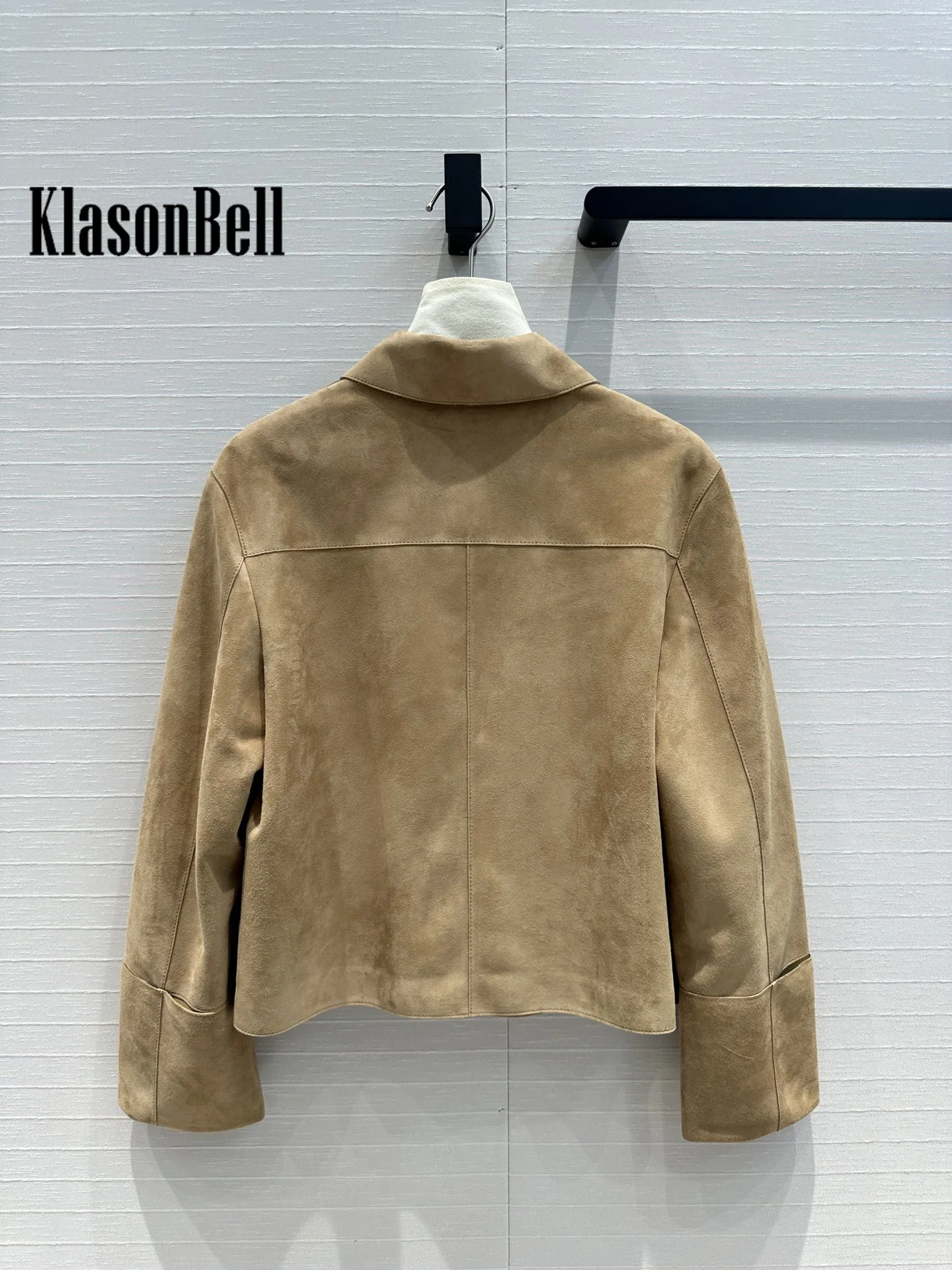 8.21 KlasonBell Women\'s Kid Suede Lapel Collar Pocket Jacket Fashion High Quality Sheepskin Single Breasted Short Outerwear