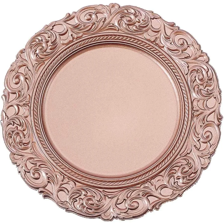 

Набор из 12 акриловых зарядных пластин, круглые 14-дюймовые розовые золотые пластины с гравировкой в стиле барокко — винтажные одноразовые декоративные зарядные устройства