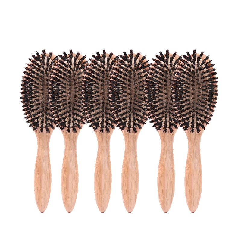 Wholesales Boar Bristle Hair Brush Women Detangle Wood HairBrush Custom Logo Hair Comb for Hair Barber Accessories 6pc/Box