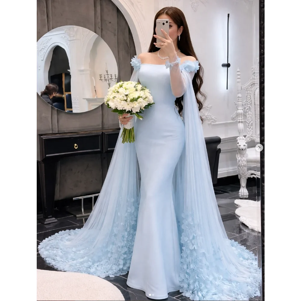 

Customized Light Flowers Floral Boat Neck Off-shoulder Long Sleeves Women's Formal Evening Gowns Prom Dresses