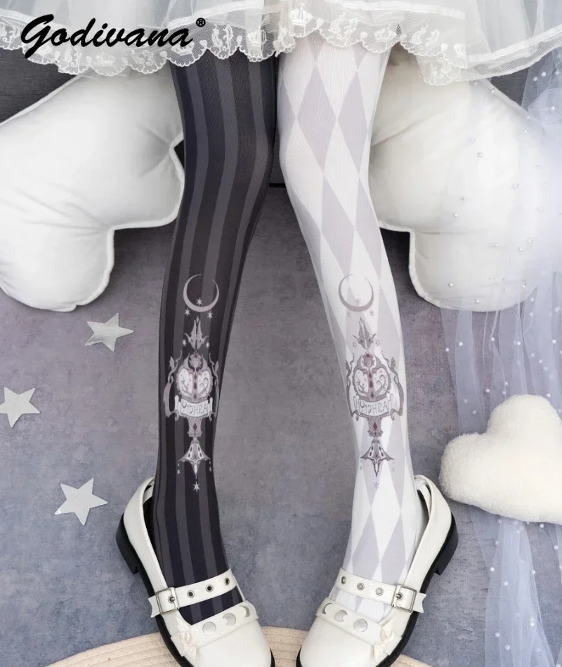 Original Lolita Thigh High Socks Diamond Plaid Retro Printed Stocking Tights Women's Spring and Autumn Leggings Gothic Pantyhose