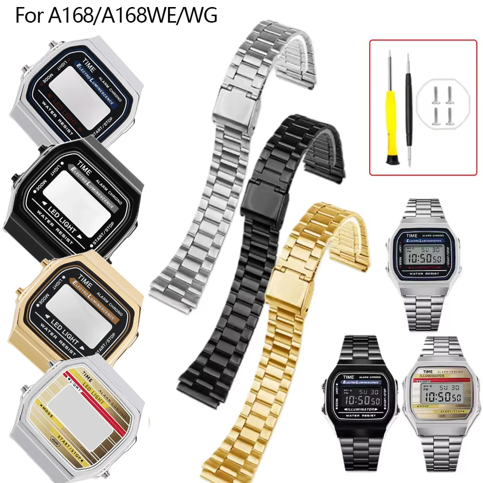 A168 Serie Metall-Uhrengehäuse-Lünetten-Modifikationskit für Casio A168WG/A168WE Edelstahlgehäuse Metallarmband Modifizierungsteile mit Werkzeug
