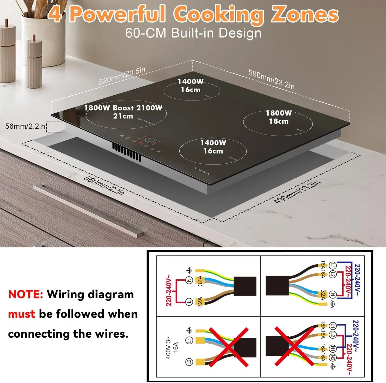 موقد حثي NOXTON 60 سم مدمج، 6400 وات، موقد كهربائي 4 مناطق مع معزز طاقة، قفل أمان، 9 إعدادات للحرارة، مؤقت، 230 فولت #4