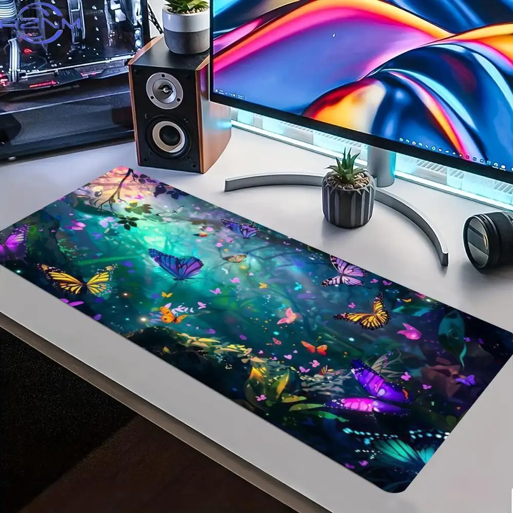 Colorful Fantasy Butterfly Extended Gaming Mouse Pad Large Desk Mat Smooth Cloth Non-Slip Base for Laptop Keyboard Office Gaming