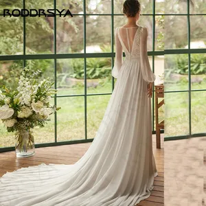 Roddrsya Bohemian Hochzeitskleid Frauen Horn lange Ärmel Spitze Braut Kleider auftragen eine benutzerdefinierte Linie Batio Kleid Frauen Horn Langarm Spitze Braut Braut Kleider Applikationen eine Linie Pe 11 Hauptverkaufskleid für Verlobungschiffon - №1