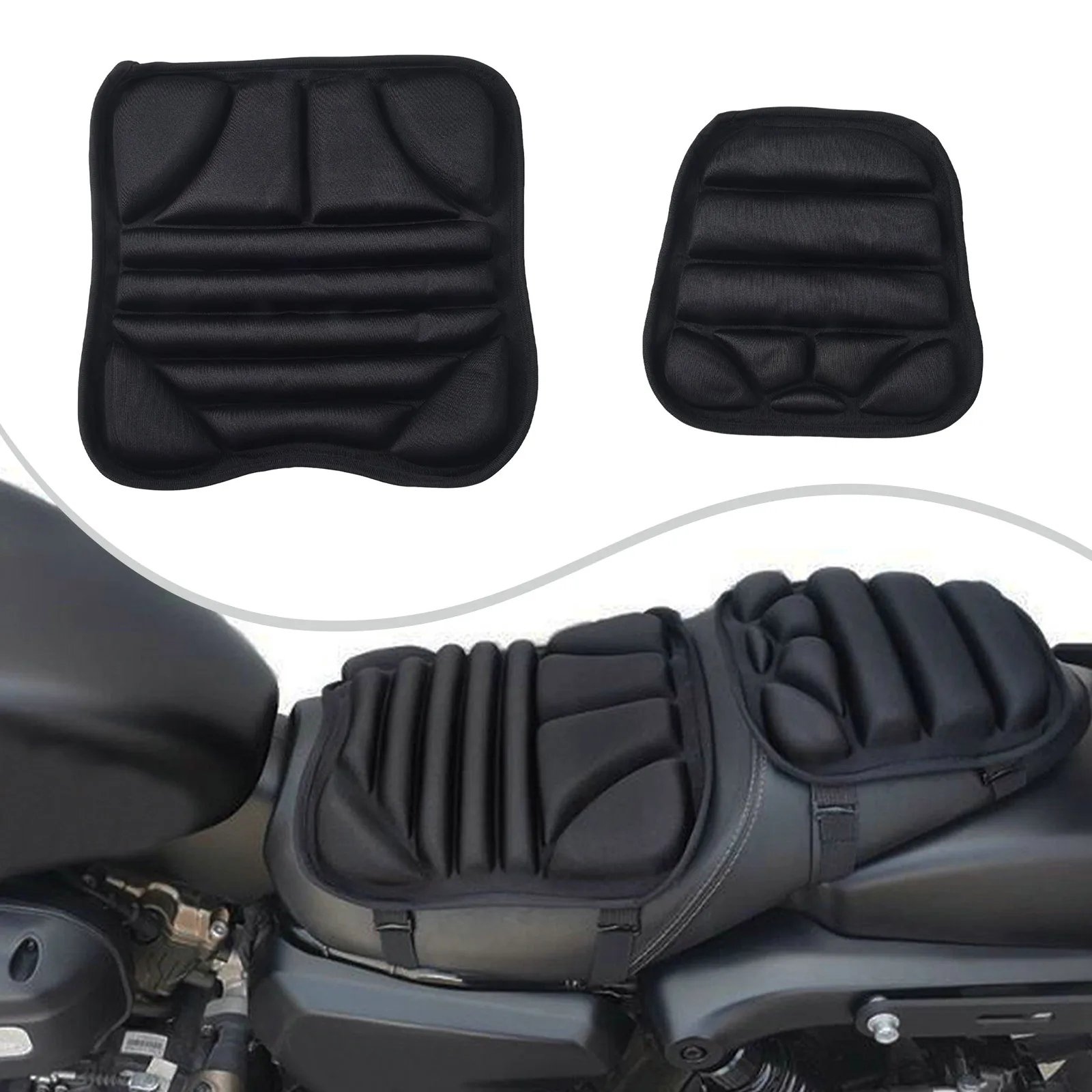 

2x Vehicle Black Motorcycle For Seat Cushion Set Gel Seat Cover Pad Pressure Relief Fabric Sponge Filling Weather Protection