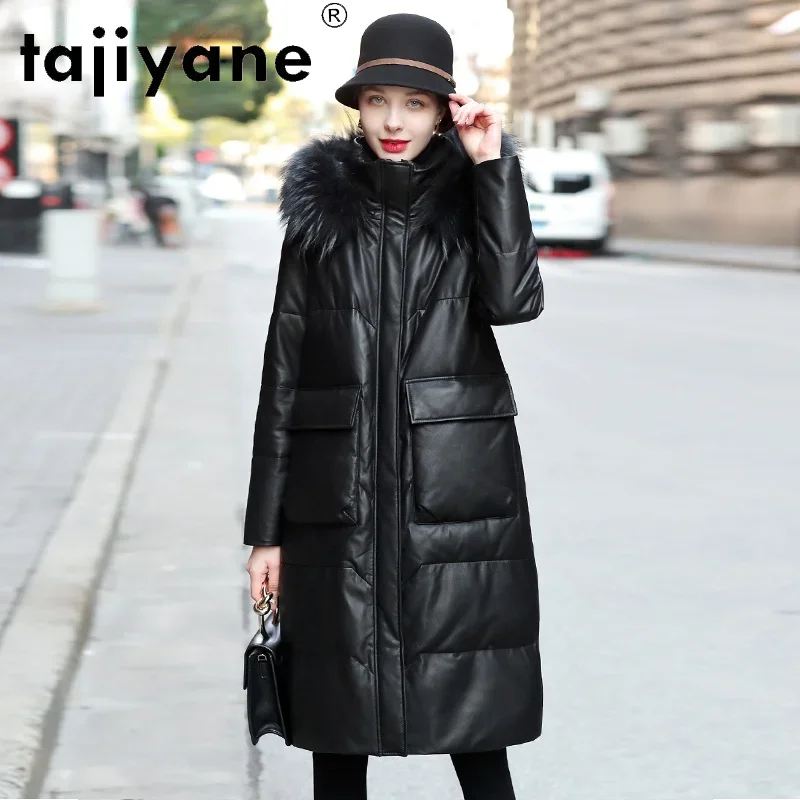 

Tajiyane 2021 Winter Hooded Raccoon Fur Collar White Duck Down Jackets Female 100% Genuine Sheepskin Coats Doudoune Femme Gmm736