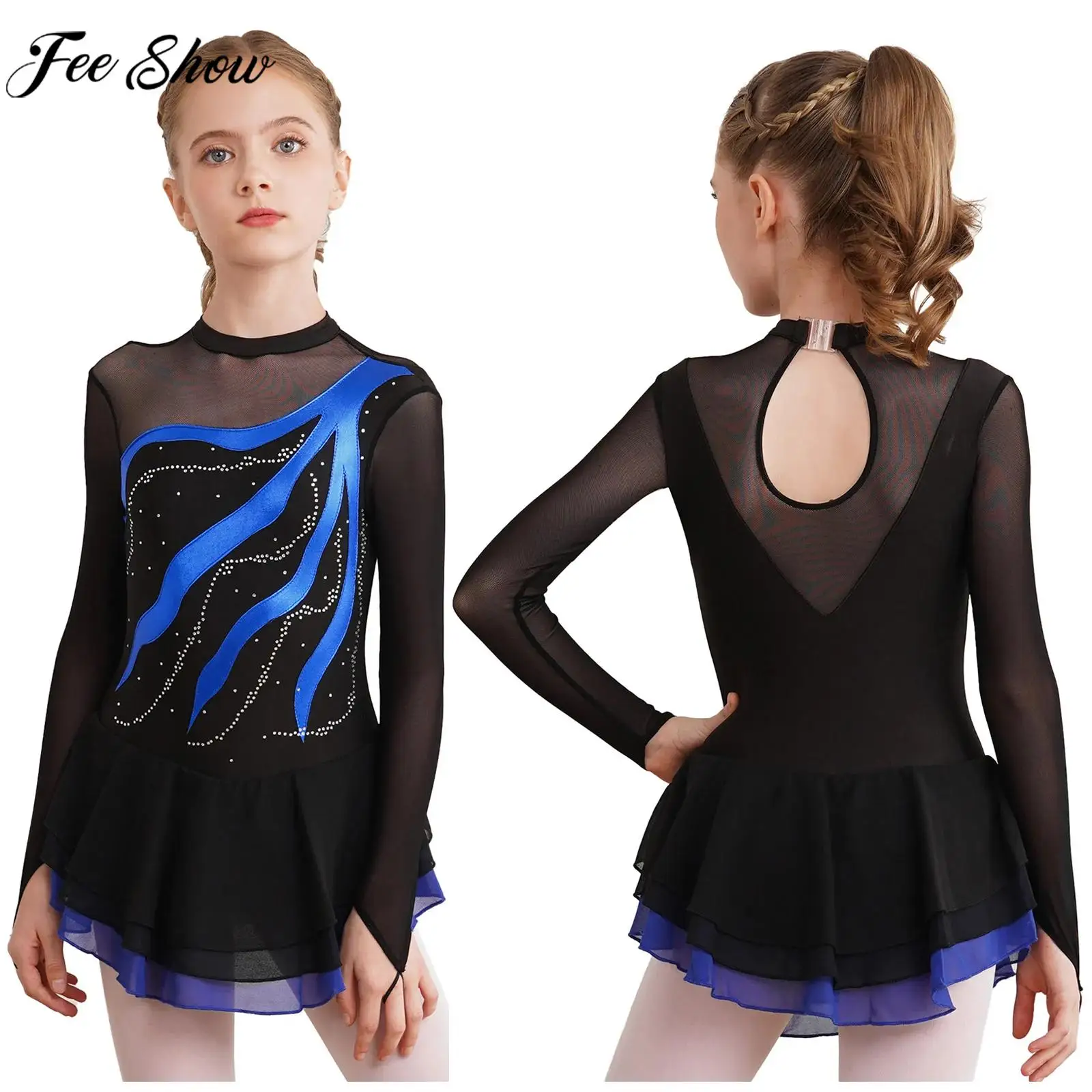 Children Girls Figure Skating Dress Ballet Gymnastics Lyrical Dance Leotard Tutu Long Sleeve Shiny Rhinestone Mesh Dancewear