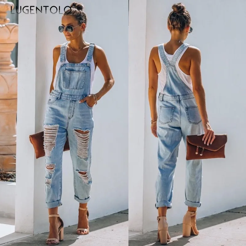 المرأة الدنيم حللا مثير ممزق Y على شكل حزام الكتف مستقيم اسطوانة جيوب مريلة السراويل موضة شارع العليا ملابس الحفلات