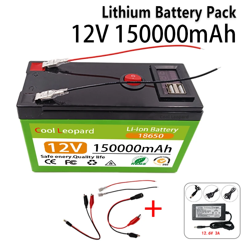 

2023 New 18650 12V 150Ah Lithium Ion Battery Pack For Electric Vehicle Li-ion Batterie Built-In 30A BMS+ 12.6V Charger