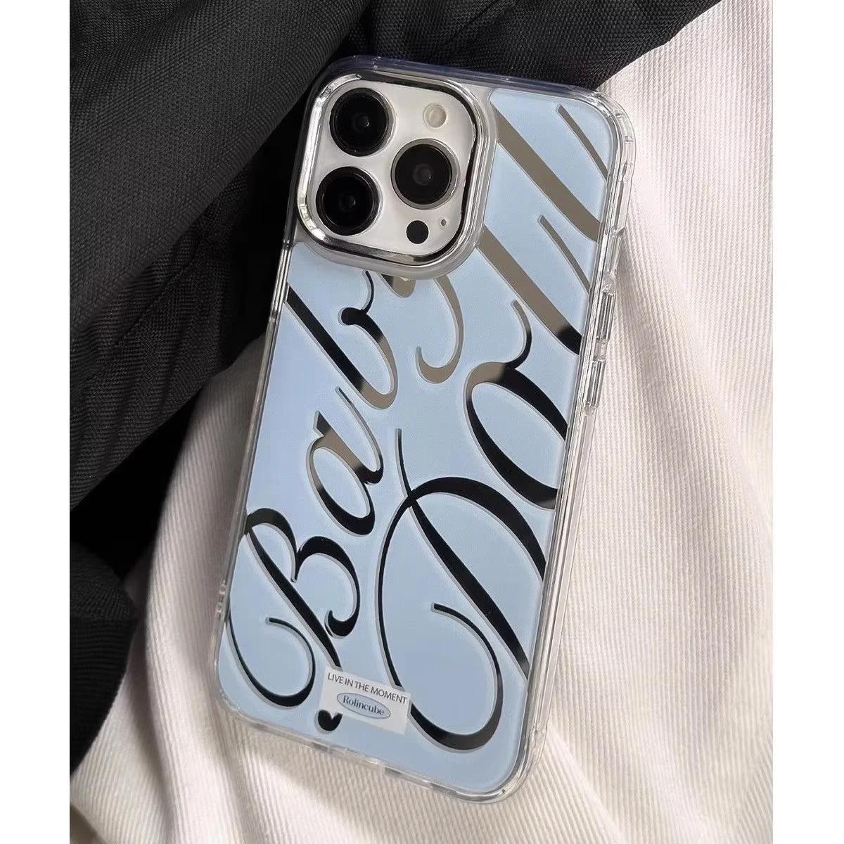 Blue Silver Plated Mirror English Transparent Frame Case For iPhone 17 iPhone 13 15 11 16 12 13 14 Pro Max Drop Protection Cover