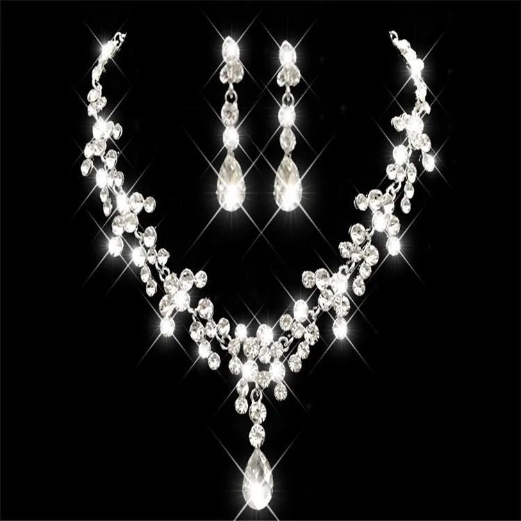 Punk Female Water Drop Crystal Jewelry Set Charm Silver Color Wedding Dangle Earrings For Women Boho White Zircon Chain Necklace