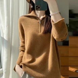 Autumn Winter Commute Vintage Loose Sweaters Fashion Solid Jumper Women Zipper Turn-down Collar Wool Knitted Pullovers