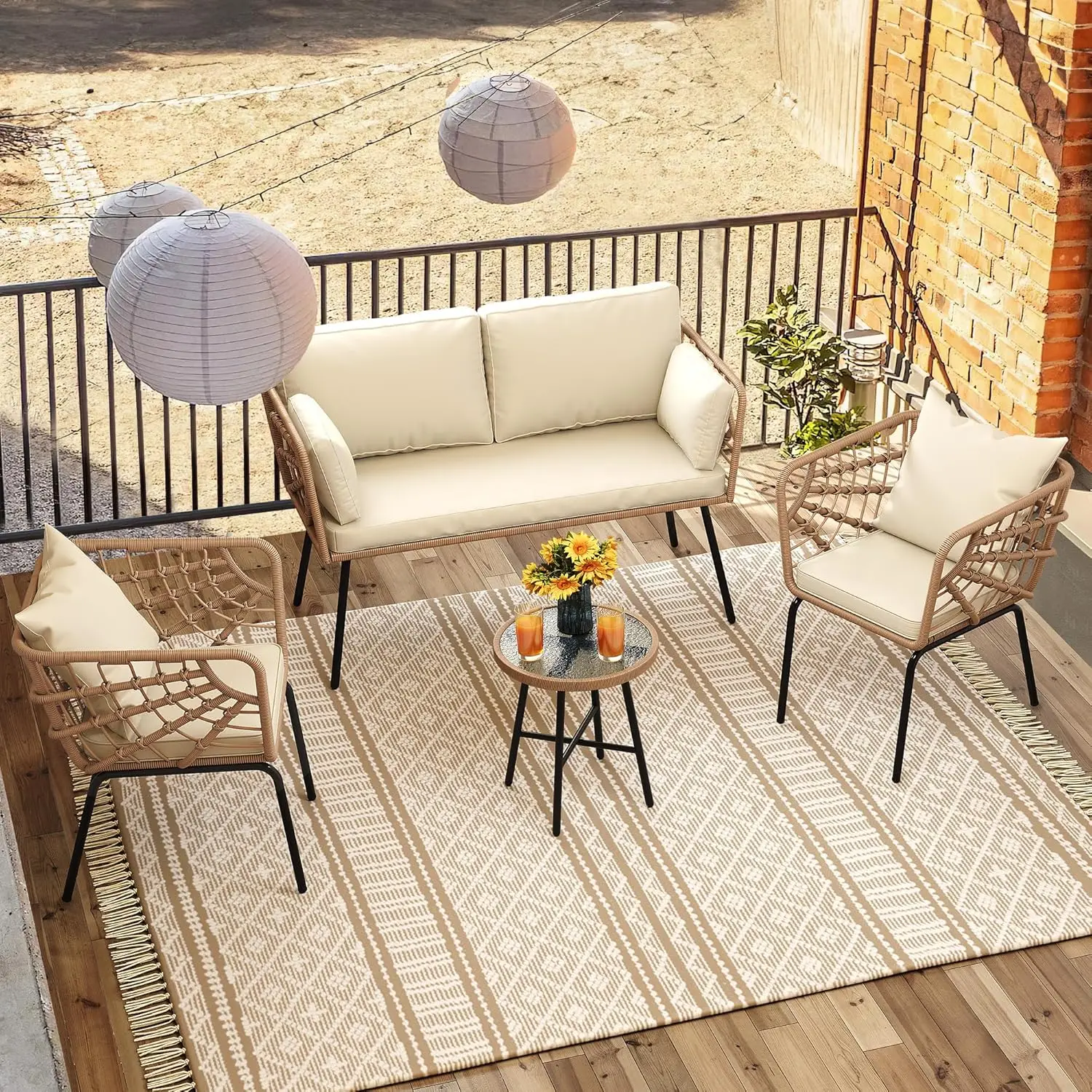 Wicker Outdoor Loveseat, All-Weather Pátio Sofá, Mobiliário Seccional Conjunto com Mesa e Almofadas