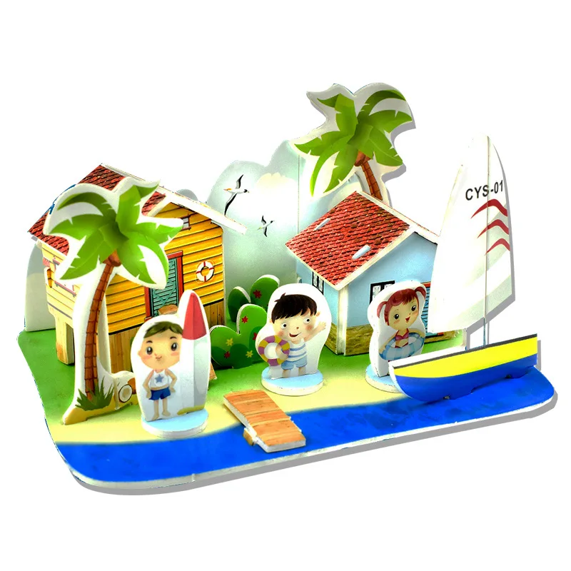 DIY Children's 3D Puzzles Educational Toys Insert Building Blocks Cartoon Building Amusement Park Puzzle Model Toy Gifts P340