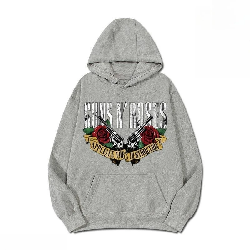 

Guns N Roses Hoodie with Appetite for Destruction Print Crossed Revolvers Red Roses Yellow Banner Fleece Lined Streetwear