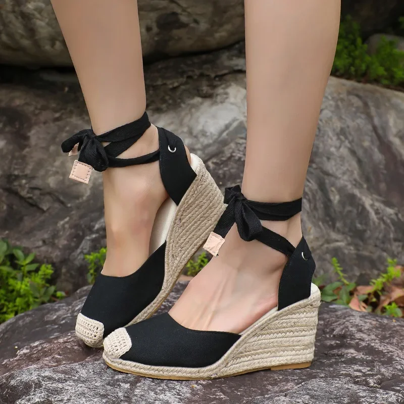 2024 Women\'s Espadrille Ankle Strap Sandals Comfortable Slippers Ladies Womens Casual Shoes Breathable Flax Hemp Canvas Pumps