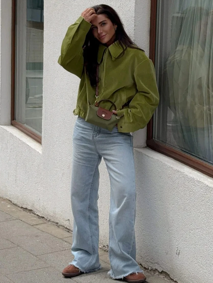 

Зеленая верхняя одежда, женские однотонные пальто на молнии, осень-зима 2021, винтажные бархатные куртки с отложным воротником и длинными рукавами, уличная одежда