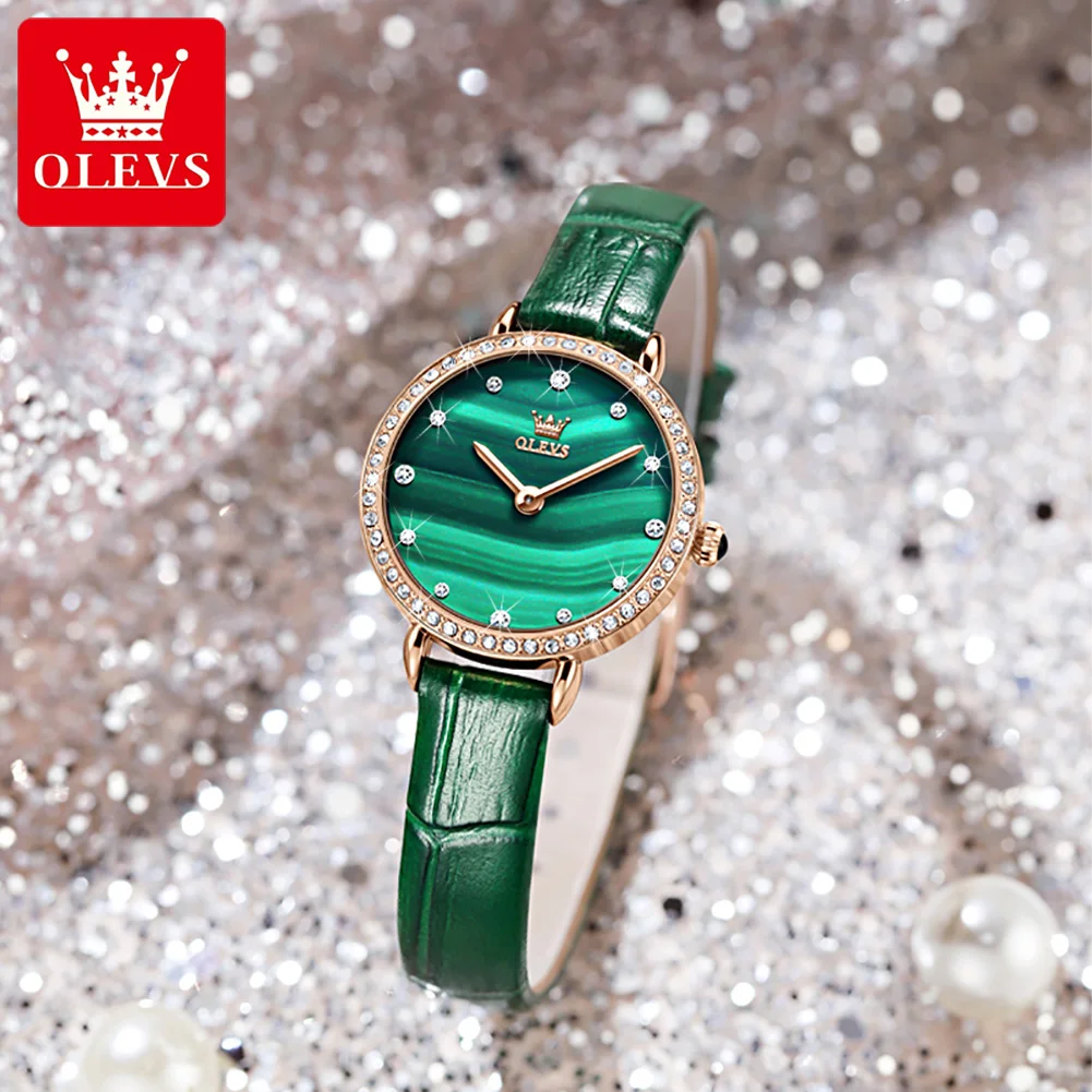 OLEVS 6628 Diamond Women\'s Watch Green Leather Strap Waterproof Senior Wristwatch Quartz Watch for Ladies Women Hand Clock