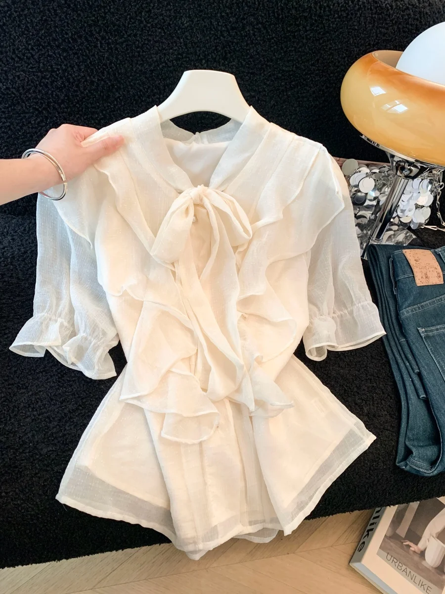 

Summer Polka Dot Chiffon Shirt Women's Bow Tie Short Sleeve Elegant Fashionable Top Knot Polyester Fiber Blouse