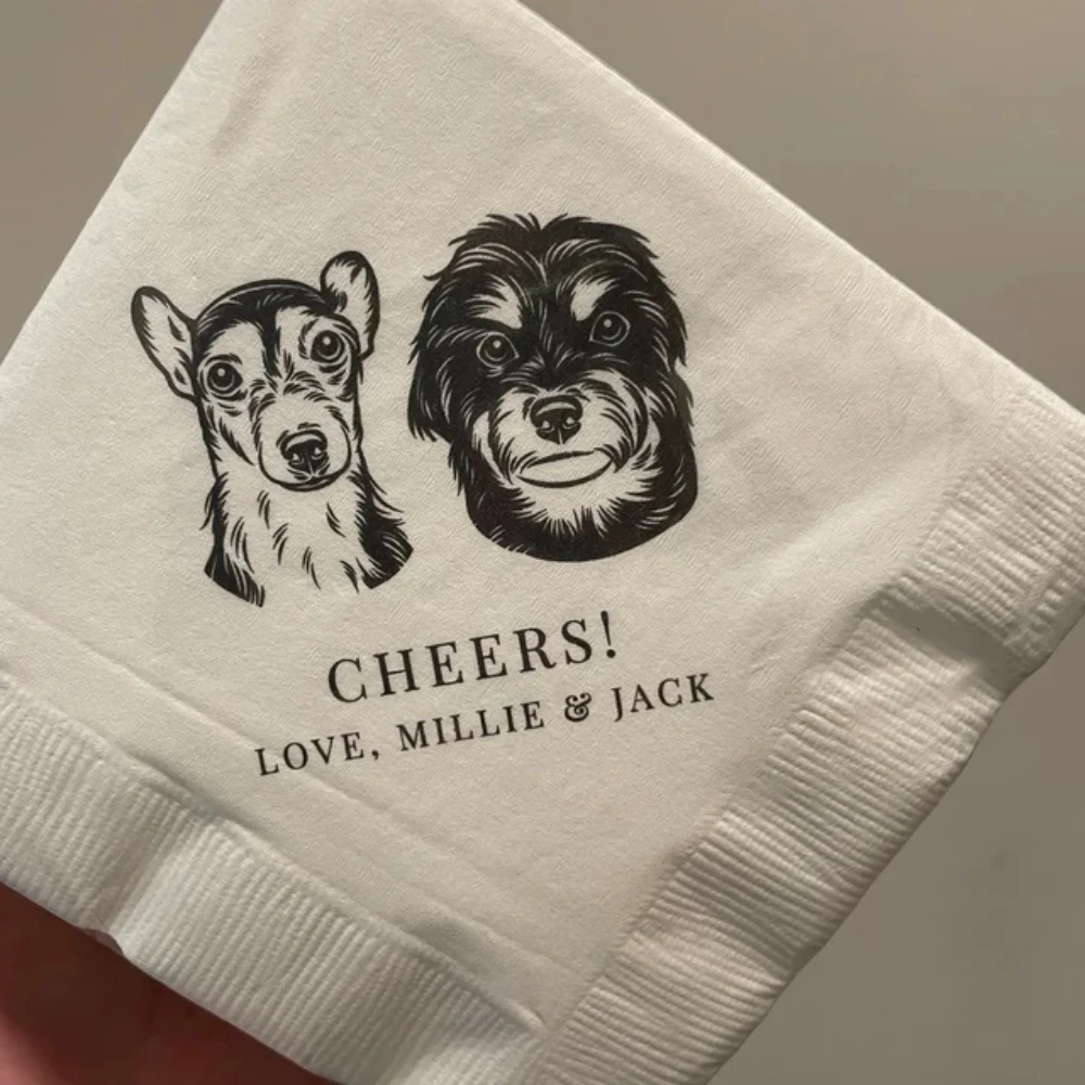 Custom Pet Cocktail Napkins for Weddings and Special Events, Personalized Wedding Napkins with Dog or Cat Illustrations