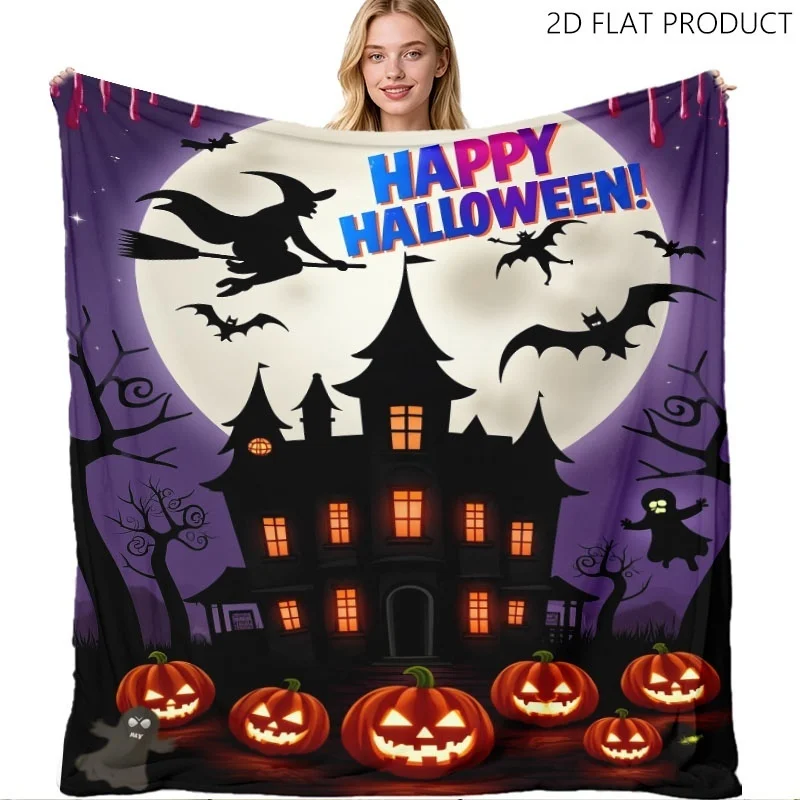 Happy Halloween Haunted Castle Witch Print Throw Blanket,Soft Flannel Warm Blanket,Pumpkin Bat Moon Pattern Blanket