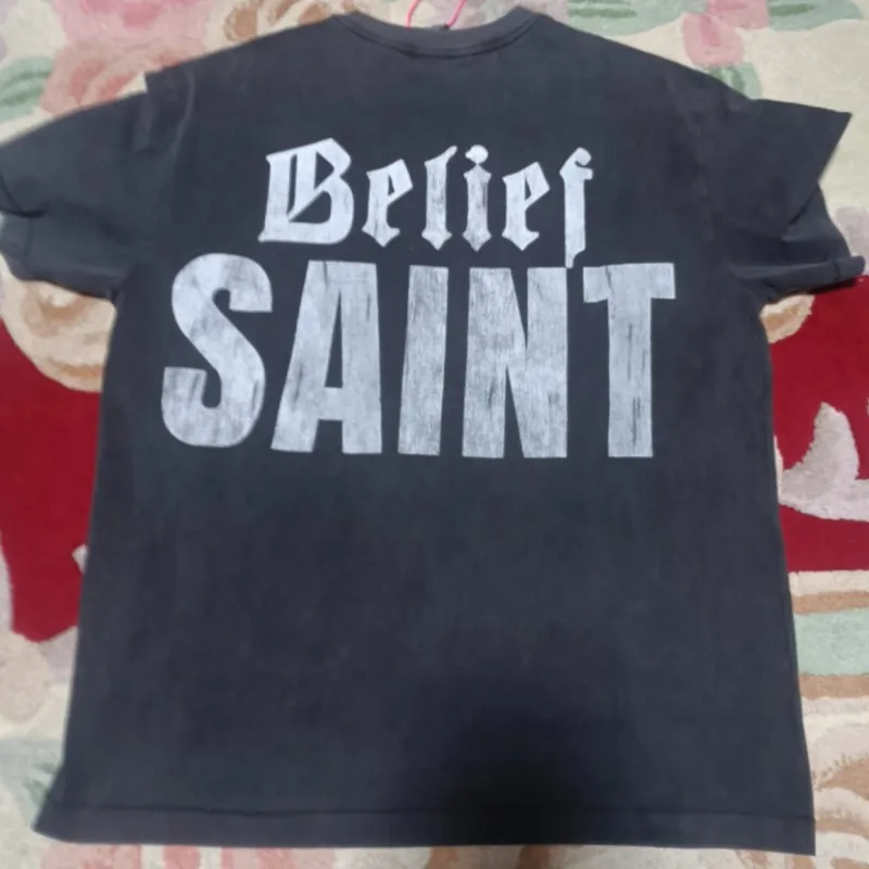 Vintage Distressed Black Saint Tshirt Jesus My Belief Washed Vintage Faded Letters Thorn Print Short Sleeve Men Women Streetwear