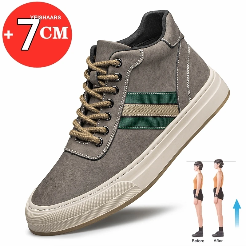 Man Genuine Leather Elevator Shoes High-top Casual Shoes Fashion Lift Sneakers 7cm Insole Height Increased Shoes Sports Taller