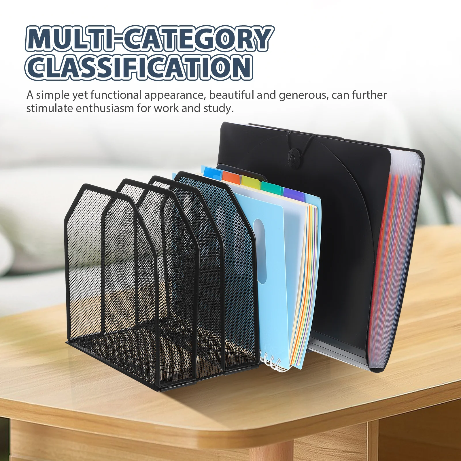 Office Desk Organizer 5 Section File Stand Metal Mesh Document Tray for Home School Workspace File Organizer for Desk