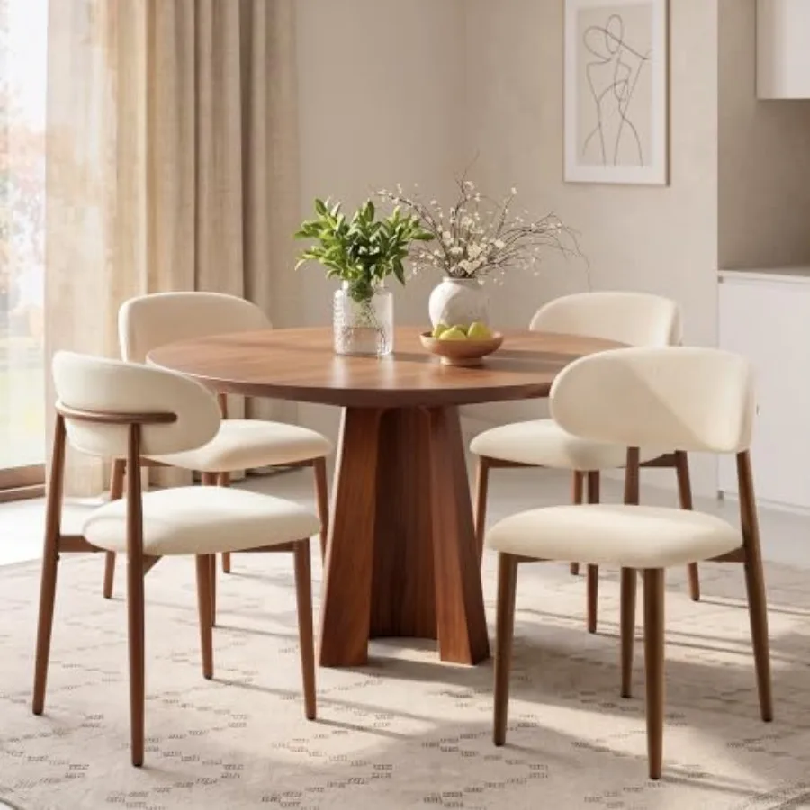 Metal Dining Chairs 4, Upholstered Linen Side Chairs with Ergonomic Curved Backrest, Modern Mid-Century Chairs for Kitchen, Liv