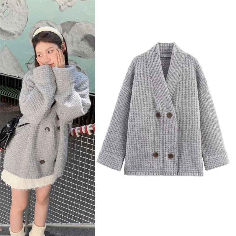 

2025 Women's New Jacket Fall Gray Long-sleeved Double-breasted Knitted Coat Casual and Loose Lazy Fashion Personality Versatile