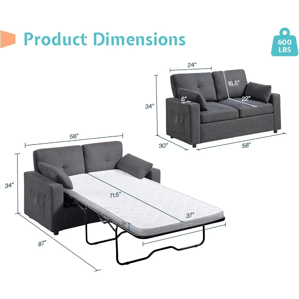 Pull Out Sofa Bed，Sleeper Sofa with Memory Foam Mattress, Sofas with USB & Type-C Charging Ports，Convertible Sofa Bed