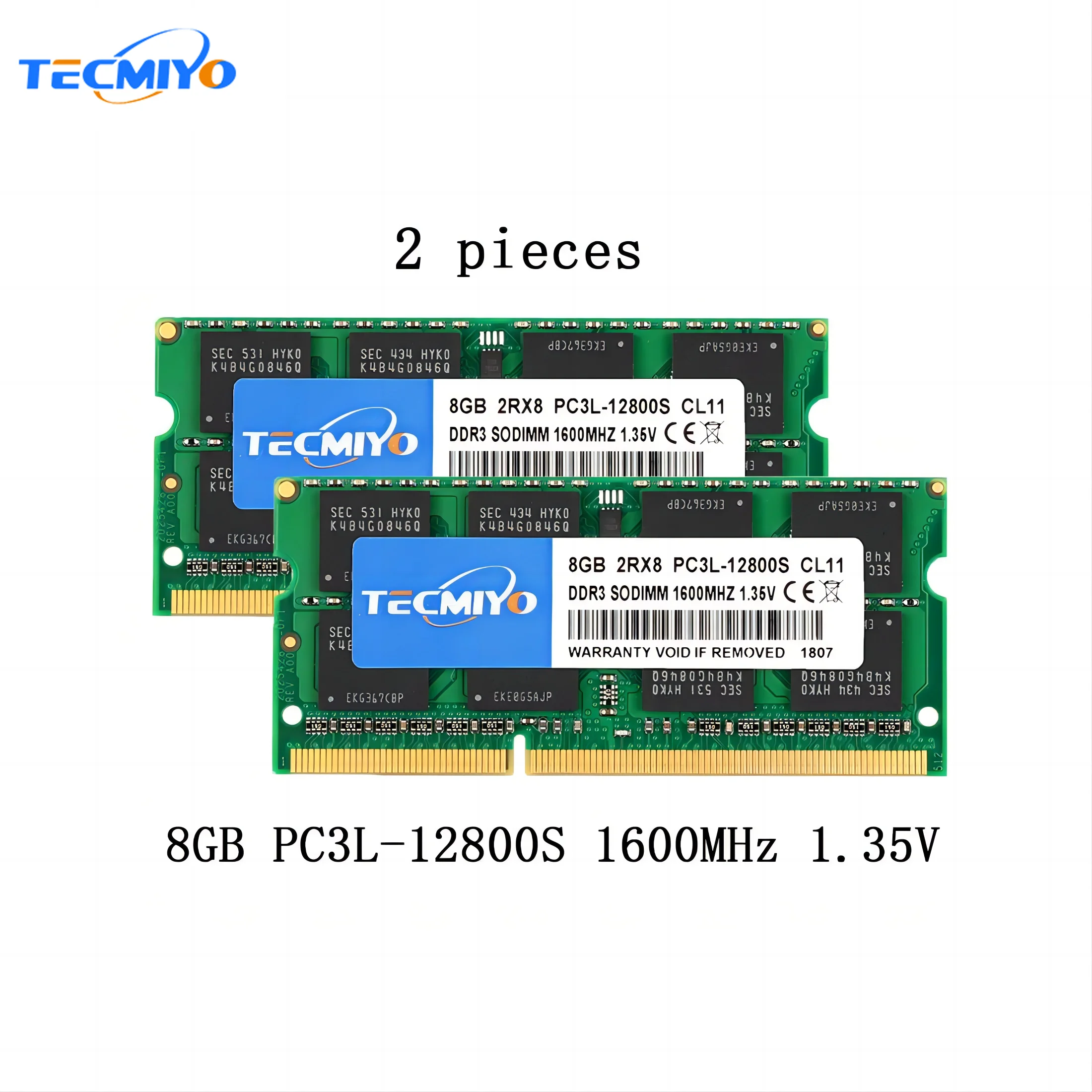 Tecmiyo Laptop RAM 16GB ( 2X 8GB ) DDR3L 1600MHz PC3L-12800S 1.35V 2RX8 CL11 SODIMM 204pin Low Voltage Notebook Memory -Green