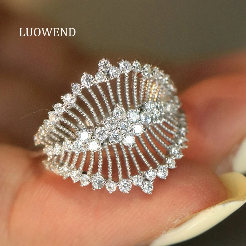 LUOWEND 100% 18K White Gold Rings 0.76carat Real Natural Diamond Engagement Ring for Women Elegant Lace Shape Wedding Jewelry