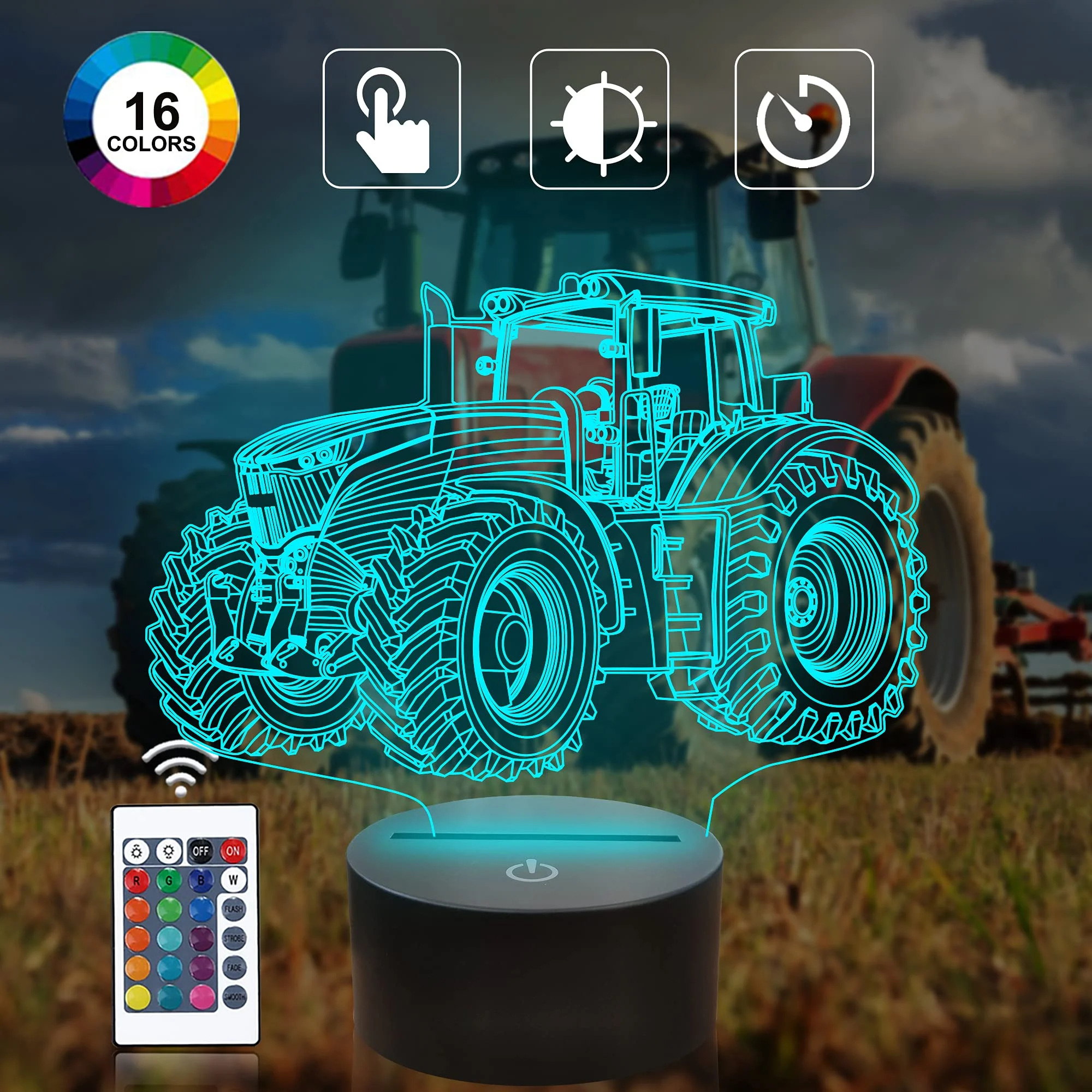 Tractor 3D Illusion Night Lamp, 16 Color Change Dimmable Hologram Light, Table Desk Bedroom Decor Creative Truck Gift for Kids