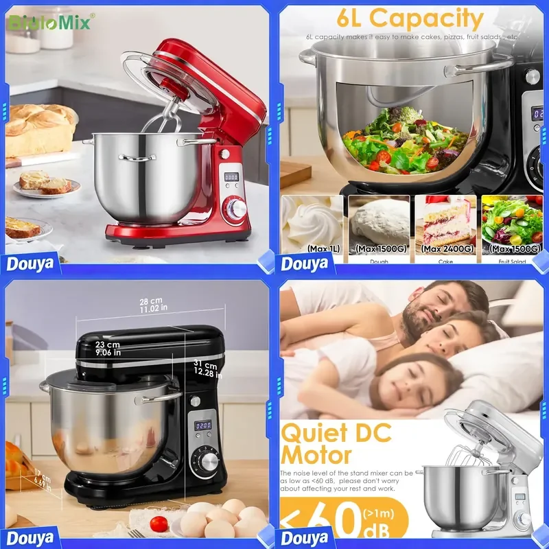BioloMix 1200W Kitchen Stand Mixer 6L Capacity Quiet DC Motor 6-Speed Functions for Blending Whisking And Kneading