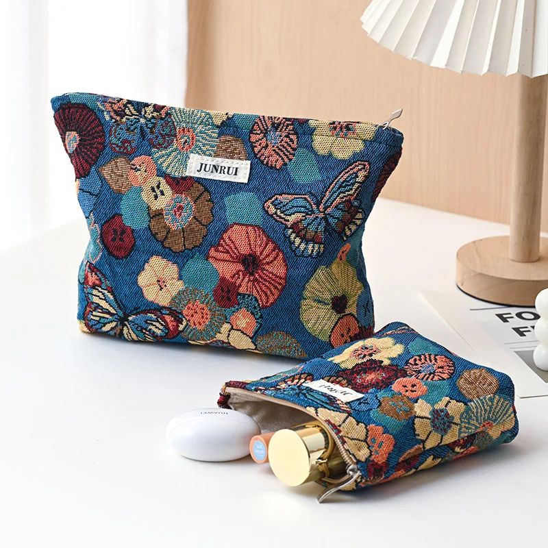 Women's Makeup Bag, Blue Bouquet, Large Capacity Sanitary Napkin, Touch-up, Makeup Supplies, Canvas Storage Bag, Toiletry Bag