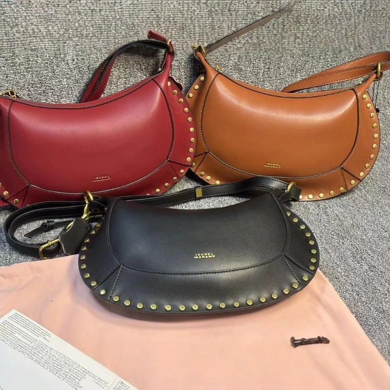 

Bestseller Women Classic Crescent Moon Bag Rivet Design Top-Grain Cowhide Vintage Versatile Shoulder Handheld Crossbody Bag