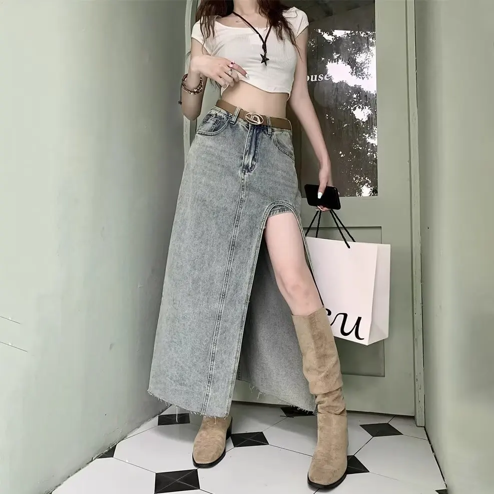 

Summer Ripped Irregular Denim Skirt for Women New Retro Slit Mid-length Skirt High Waist Large Size Female Clothing Street Style