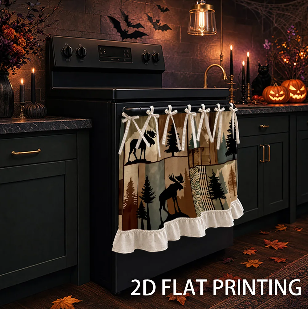 1PC kitchen stove curtain, cabinet curtain and apron. Featuring a 2D graphic design with rustic woodland, moose and pine prints.