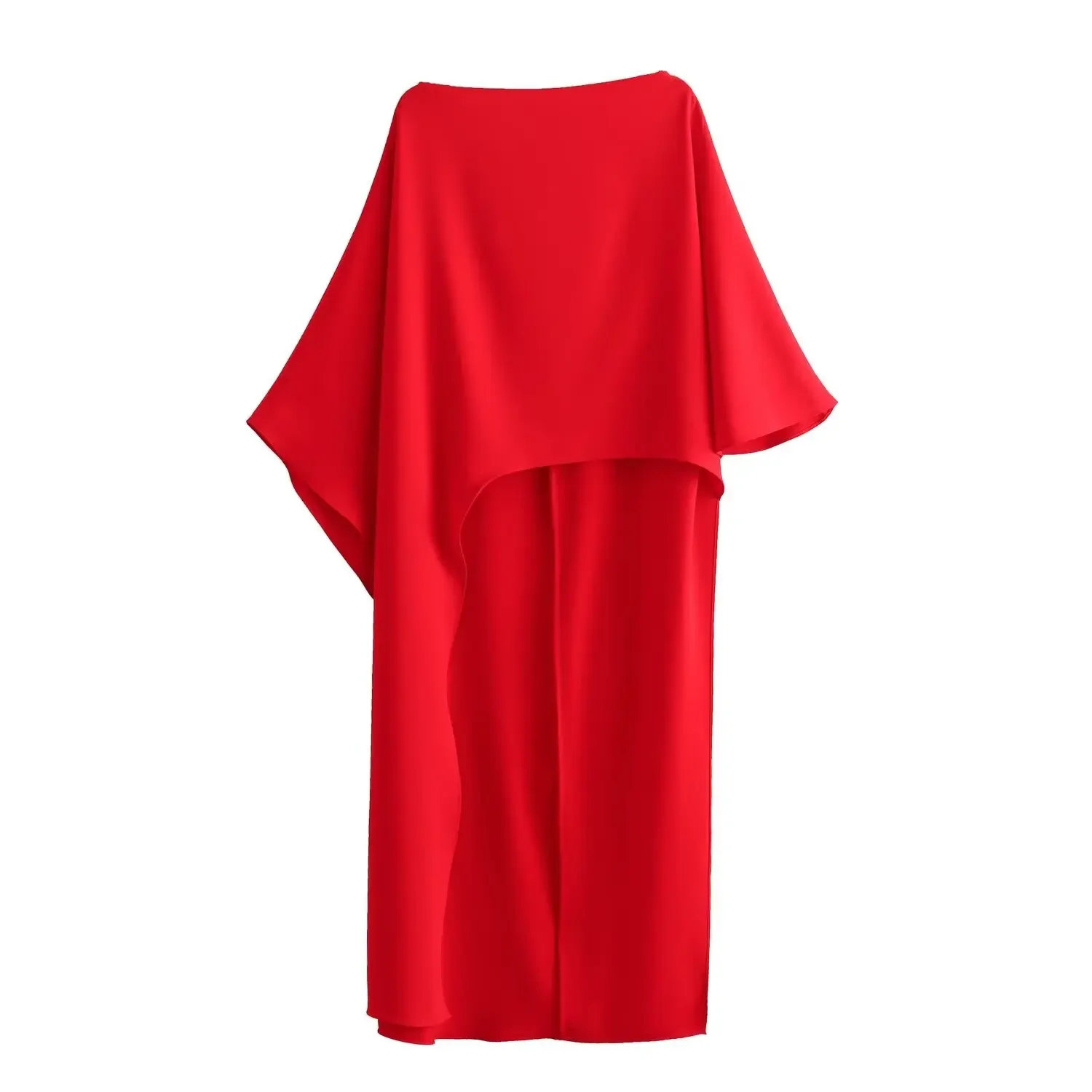 Autumn Women\'s Asymmetric Cape Style Red Satin Shirt Fashionable Round Neck Women\'s Casual Long Shirt Holiday Style 2024