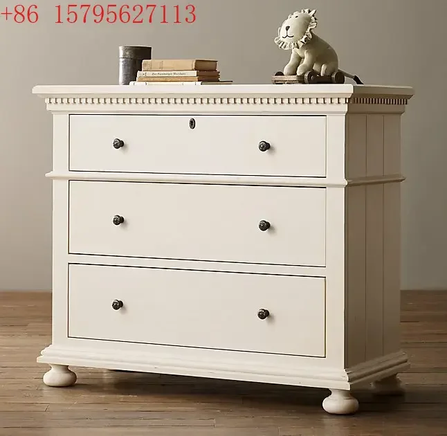 American ivory white solid wood 3 chest drawers storage European style old and simple