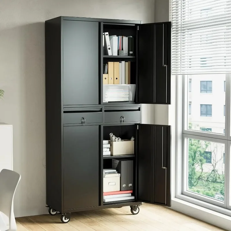 

73" Metal Storage Cabinet with Wheels, Cabinet With Locking Doors, 2 Drawers and Adjustable Shelves For Garage Workshop