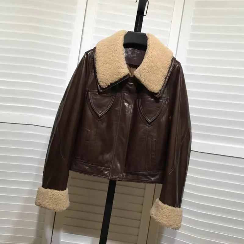 Genuine Leather Jacket With Wool Collar Short Length Women Coat Winter Thick Warm Female Clothes High Quality Pocket Decoration