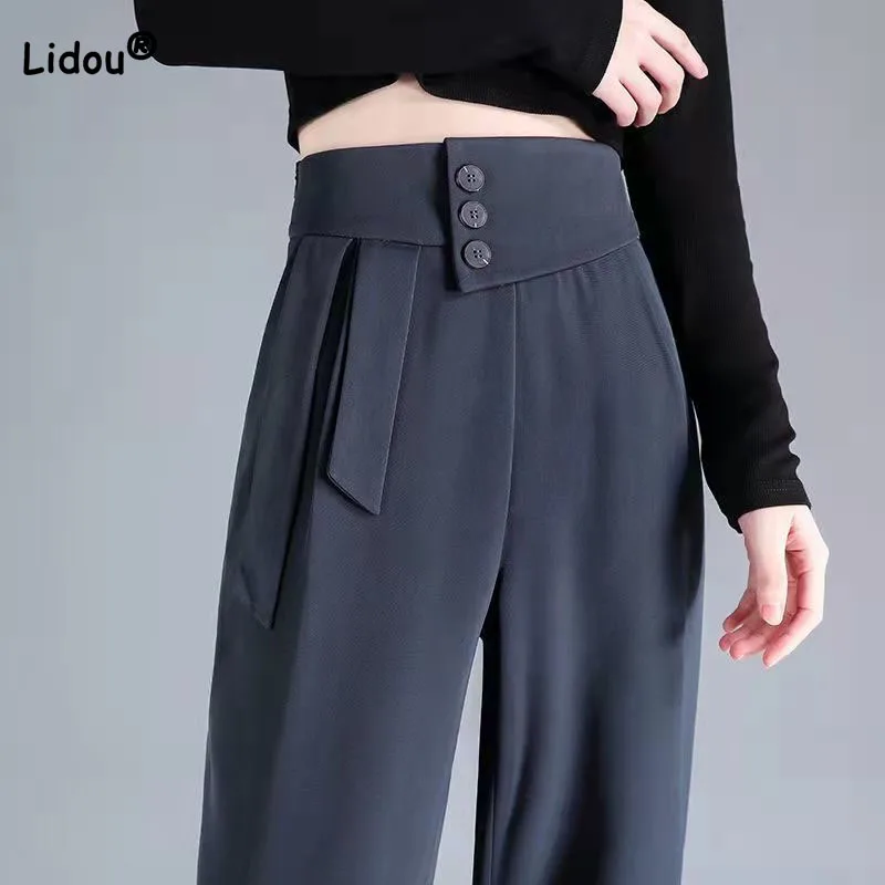 

Korean Button Spliced High Waist Casual Suit Pant Women's Clothing Summer Fashion Commute Solid Wide Leg Trousers for Female