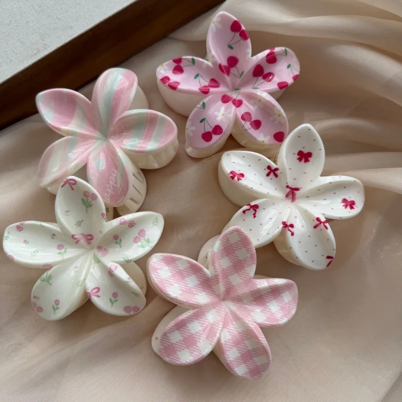 3PCS New Trend Cute Flower Shape Hair Claw Set Sweet Cherry Print Hair Clips Hair Accessories For Women Girls Daily Summer Wear