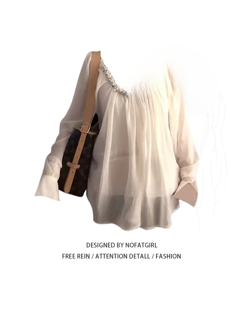 

Женский топ больших размеров из шифона с перламутровыми пайетками в корейском стиле для офиса и повседневной носки, модный, весна-лето, новинка